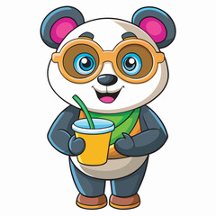Cartoon panda bear with sunglasses enjoying a refreshing drink