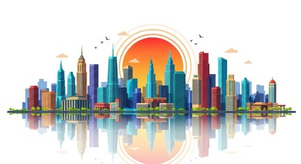 Vibrant Cityscape Under a Warm Sunset Reflection on Water