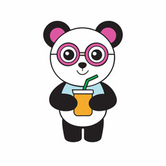 Cute panda bear with glasses holding a drink