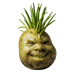 Charakter mit lachendem Gesicht aus einer schrumpeligen schmutzigen Kartoffel und Sprossen als Haare wie eine markante Irokesenfrisur