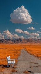 Serene white bench invites contemplation on a lonely road through vibrant golden fields towards distant mountains under a dramatic sky.