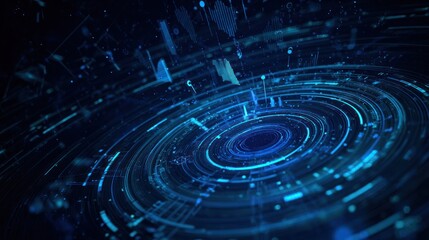 Abstract blue circular pattern with shards and dark background.