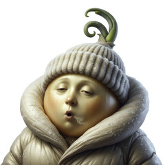 Portrait eines porzellanartigen Zwiebel Charakter in der K&auml;lte mit M&uuml;tze aus Wolle, im Winter mit zartem Gesicht und hoch aufgestelltem Kragen an der Winterjacke - isolierte Teilaufnahme