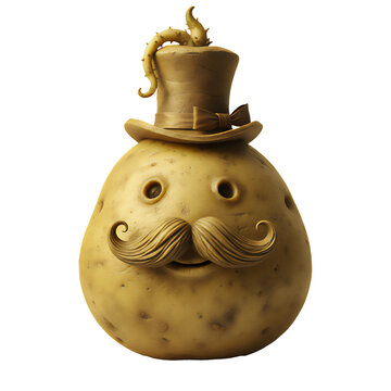 eine isolierte Kartoffel mit Gesicht und Zwirbelbart hat einen kleinen Zylinder auf dem Kopf - humorvoller Charakter