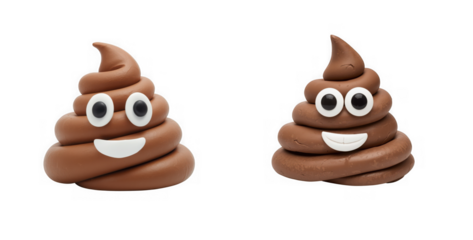 Two cartoon poop emojis with happy faces isolated on transparent background