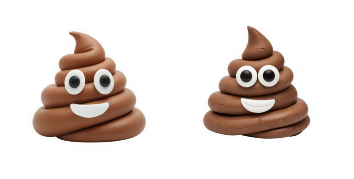 Two cartoon poop emojis with happy faces isolated on transparent background