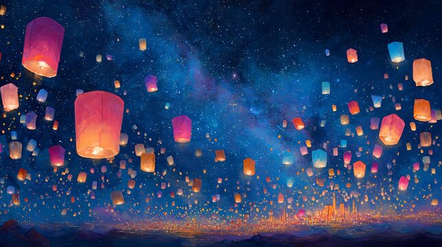 A vast expanse of colorful sky lanterns drift across the starry night sky, illuminating the darkness above a distant, twinkling cityscape - Powered by Adobe