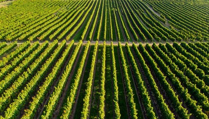 Aerial view of a vineyard. Rows of green grapevines stretch across the landscape, creating a symmetrical pattern.  A light-colored path runs between the rows
