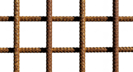 A closeup shot of a rusty metal grid or rebar fence isolated on a transparent background