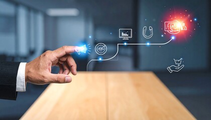 A businessman's hand interacts with a futuristic digital interface displaying business growth icons and financial data.