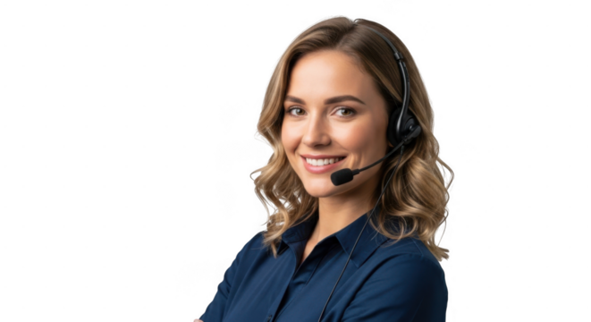 A smiling female customer service representative wearing a headset and dark blue shirt, isolated on transparent background