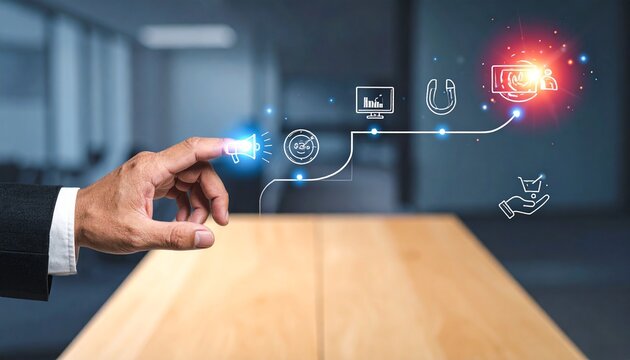A businessman's hand interacts with a futuristic digital interface displaying business growth icons and financial data. - Powered by Adobe