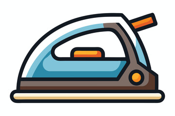 An appliance shows an iron in blue and orange on white background