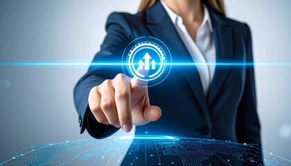 A businesswoman in a suit touches a futuristic holographic interface displaying a growth chart, symbolizing business success and technological advancement.