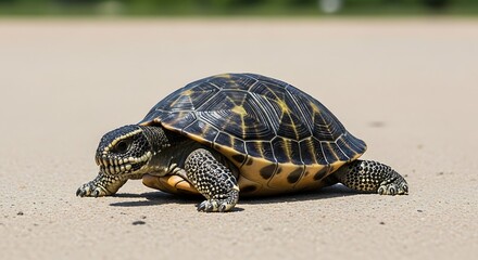 Yellow-bellied slider turtle walking on a sandy surface.