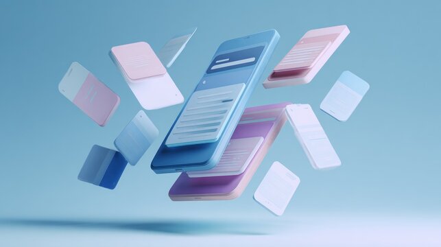 Abstract mobile phone interface design, multiple screens, pastel colors