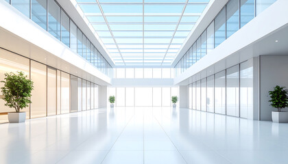 Obraz premium A sunlit, expansive empty hall in a modern commercial building, featuring a pristine white interior, reflective floors, and a glass skylight ceiling