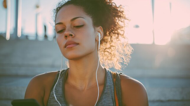 fitness sport and technology concept  young african american woman with wireless earphones listening to music on smartphone outdoors no logos no brands ar 169 - Powered by Adobe