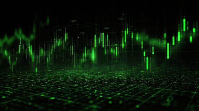 Green financial chart overlaying a dark background with a circuit board pattern.