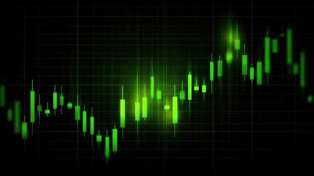 Green stock market chart on dark background showing upward trend.