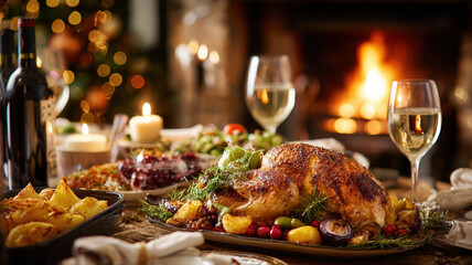 Fototapeta premium Festive holiday dinner table roasted turkey wine fireplace warm lighting cozy family gathering celebration