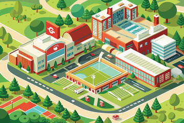 An eye-catching isometric illustration showcasing a vibrant campus scene.