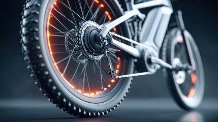 Close-up of an electric bicycle wheel with glowing orange lights.