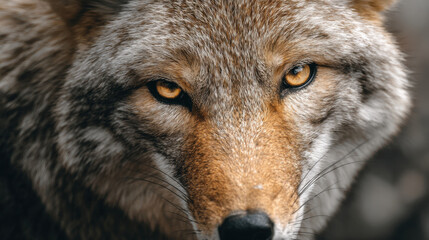 Golden-eyed wolf staring intensely, fur blending shades of brown and gray, wild animal close-up shot, showcasing features of nature and strength in its gaze.