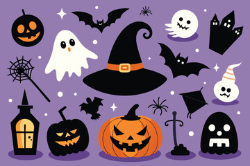 This vibrant graphic features a collection of cute Halloween icons, perfect for Halloween-themed designs.