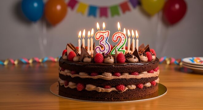 Delicious thirty-second birthday cake adorned with raspberries and chocolates