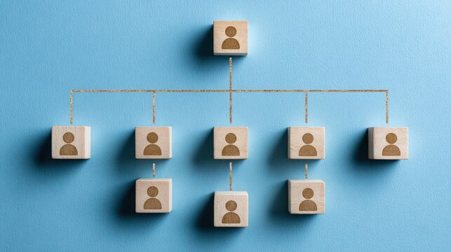 Wooden blocks arranged in a hierarchical structure on a blue background.