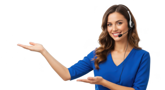 A smiling woman wearing a headset gestures with her hands, isolated on a transparent background
