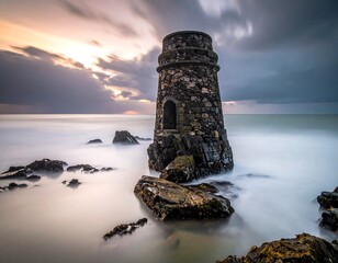 Coastal tower at sunrise, dramatic sky