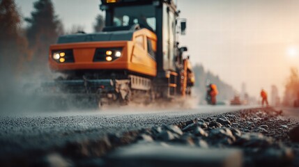 Road construction in progress with heavy machinery and workers.