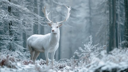 elegant white deer in a winter forest scene