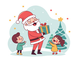 Cheerful Santa Claus Giving Christmas Gifts to Excited Children Near Decorated Christmas Trees in a Festive Winter Scene