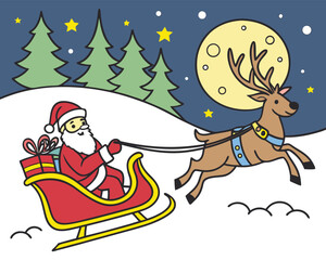 Santa Claus in Sleigh Flying with Reindeer Under Full Moon Cartoon Illustration Festive Holiday Season