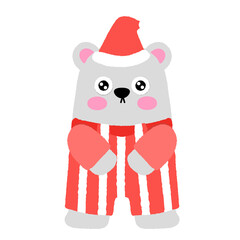 A cartoon bear in a red and white striped outfit is wearing a Santa hat