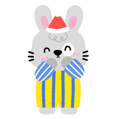 A cartoon rabbit in a striped yellow and blue outfit