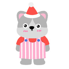 A cartoon cat wearing a Santa hat and a pink and white striped shirt