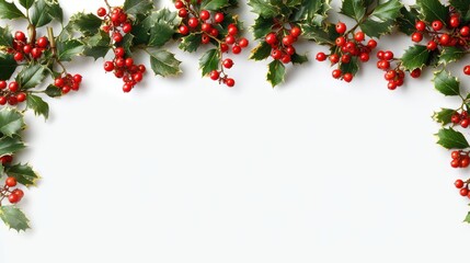christmas holly border with red berries and green leaves framing white space for festive holiday design