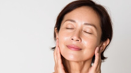 portrait of gorgeous happy middle aged mature cheerful asian woman senior older 50s lady pampering her face eyes closed isolated on white ads of lifting anti wrinkle skin care spa copy space no logos