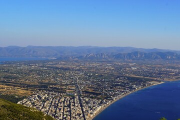 Panoramic view of the Corinth Isthmus area, the canal, and the city of Loutraki, in Greece