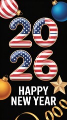 Patriotic happy new year 2026 with american flag numbers and christmas ornaments