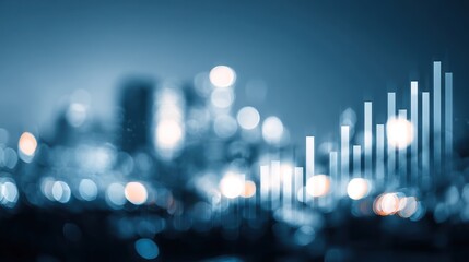Blurred cityscape with bokeh lights and rising bar graph overlay in blue tones.