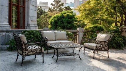 elegant garden furniture on terrace of suburban home no logos no brands ar 169