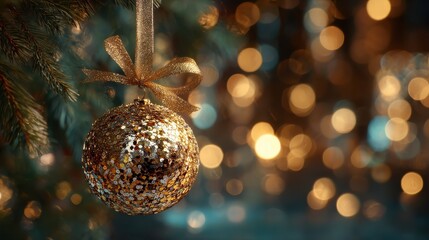 a glittering golden sphere hangs from a ribbon with festive bokeh lights and pine needles behind
