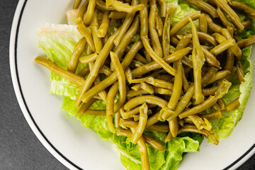 String beans snack green bean ready to eat vegetable natural product tasty snack fresh gourmet food background on the table rustic top view copy space keto and paleo diet vegan and vegan food