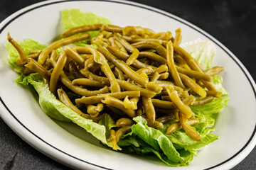 String beans snack green bean ready to eat vegetable natural product tasty snack fresh gourmet food background on the table rustic top view copy space keto and paleo diet vegan and vegan food