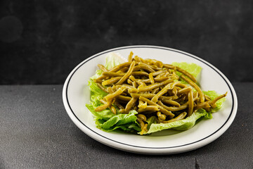 String beans snack green bean ready to eat vegetable natural product tasty snack fresh gourmet food background on the table rustic top view copy space keto and paleo diet vegan and vegan food